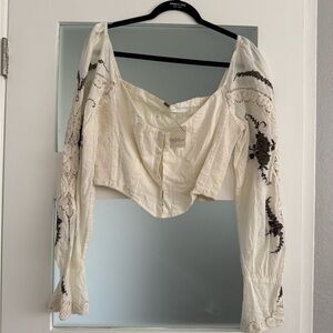 Free People Cream Blouse with Black Embroidery